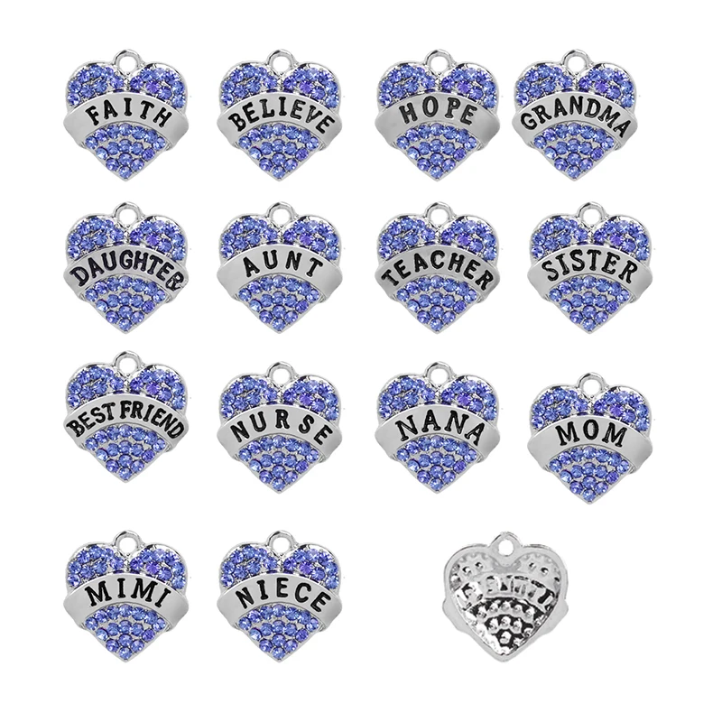 

10pcs/lot Blue Pink white Full Rhinestone Charm Best friend mom Sister Hope Heart Statement Charms Pendant Family series Jewelry