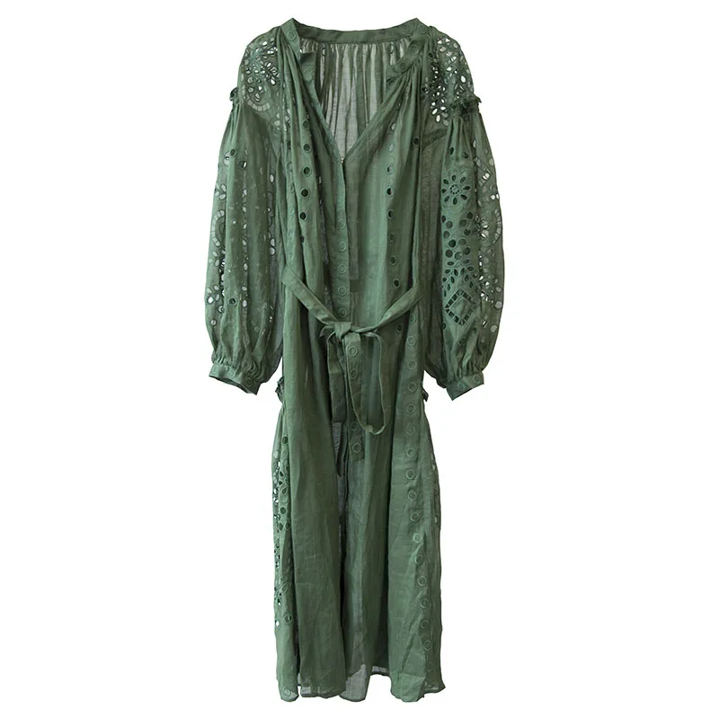 

Green LINEN LONG DRESS V-neck Long Puff SLeeves Broderie Anglaise Embroidered Hollow Out detail Front Snap Button Waist Belt Tie