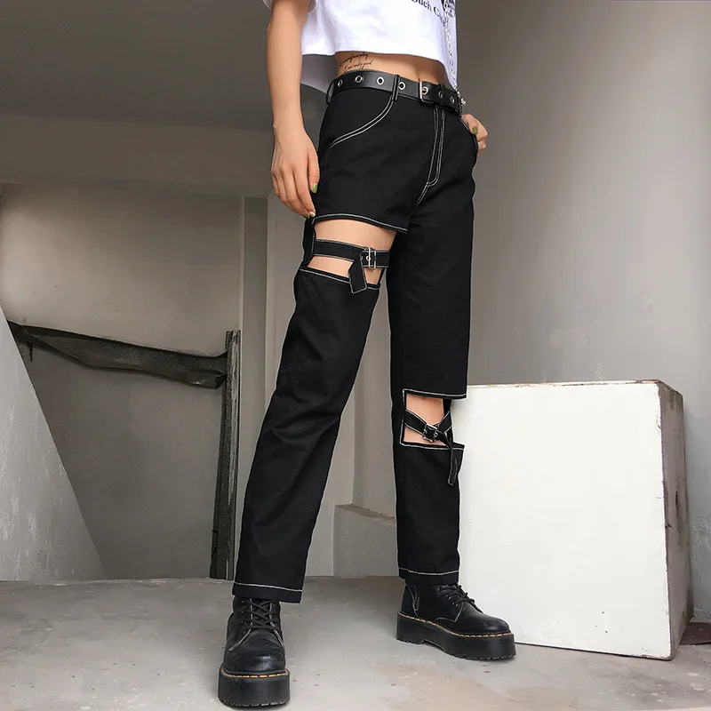 Goth Dark Black Grunge Gothic Women's Trousers Hollow Out Patchwork Buckle High Waist Pants Female Autumn 2019 Fashion Harajuku
Goth Dark Black Grunge Gothic Women's Trousers Hollow Out Patchwork Buckle High Waist Pants Female Autumn 2019 Fashion Harajuku