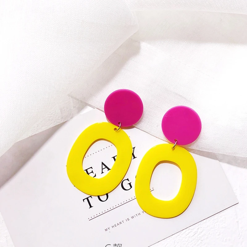 Фото Hollow Geometric Round Square Long Dangle Earrings Pink Yellow White Green Acrylic Big Drop For Women Jewelry Gift | Украшения и