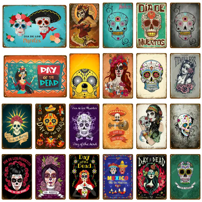 Carteles De Metal Con Calavera De Azucar Placa Del Dia De Los