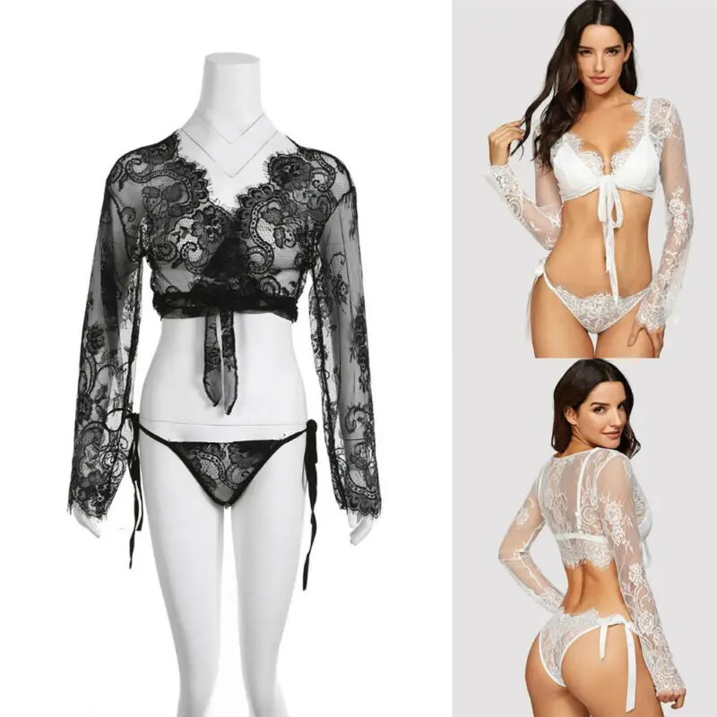 New Style Exotic Sets Two-Piece Women Solid Lace Long Sleeve Set Sexy Lace Lingerie Bandage See Through V Neck Fashion Hot 2019
New Style Exotic Sets Two-Piece Women Solid Lace Long Sleeve Set Sexy Lace Lingerie Bandage See Through V Neck Fashion Hot 2019