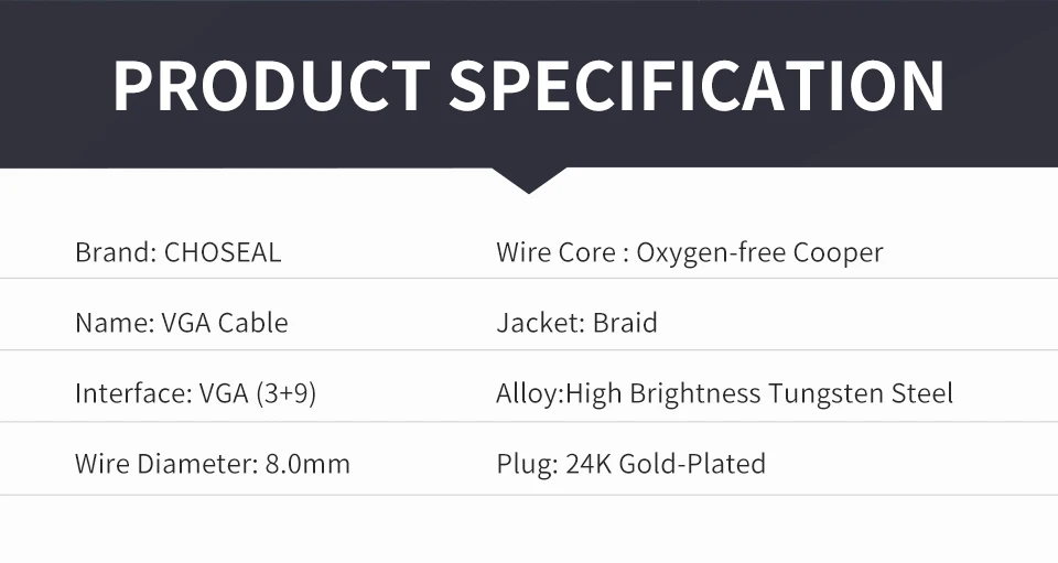 CHOSEAL 1080P VGA Cable VGA to VGA 3+9 Cable with Ferrites For Computer Projector Monitor TV (13)