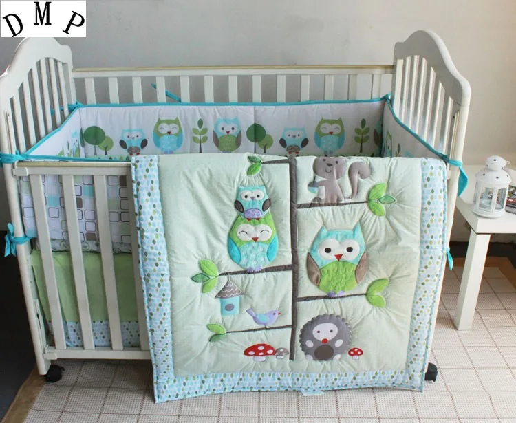 Image Promotion! 3PCS Woodpecker Baby Cot Crib Bedding Sets Nursery Bed Kits set Quilt Bumpers (bumper+duvet+bed cover+bed skirt)