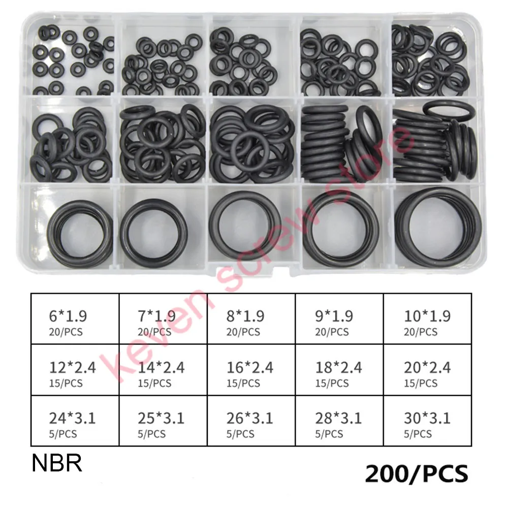 

200pcs Black NBR O Ring Seal Kit 15 Different Sizes Rubber O-ring Sealing Gasket Assortment Set with Plastic Case