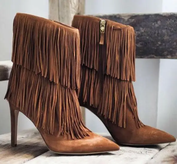 Brown suede leather tassel ankle boots pointed toe side zipper thin heeled short boots fashion ladies fringe winter short boot
Brown suede leather tassel ankle boots pointed toe side zipper thin heeled short boots fashion ladies fringe winter short boot