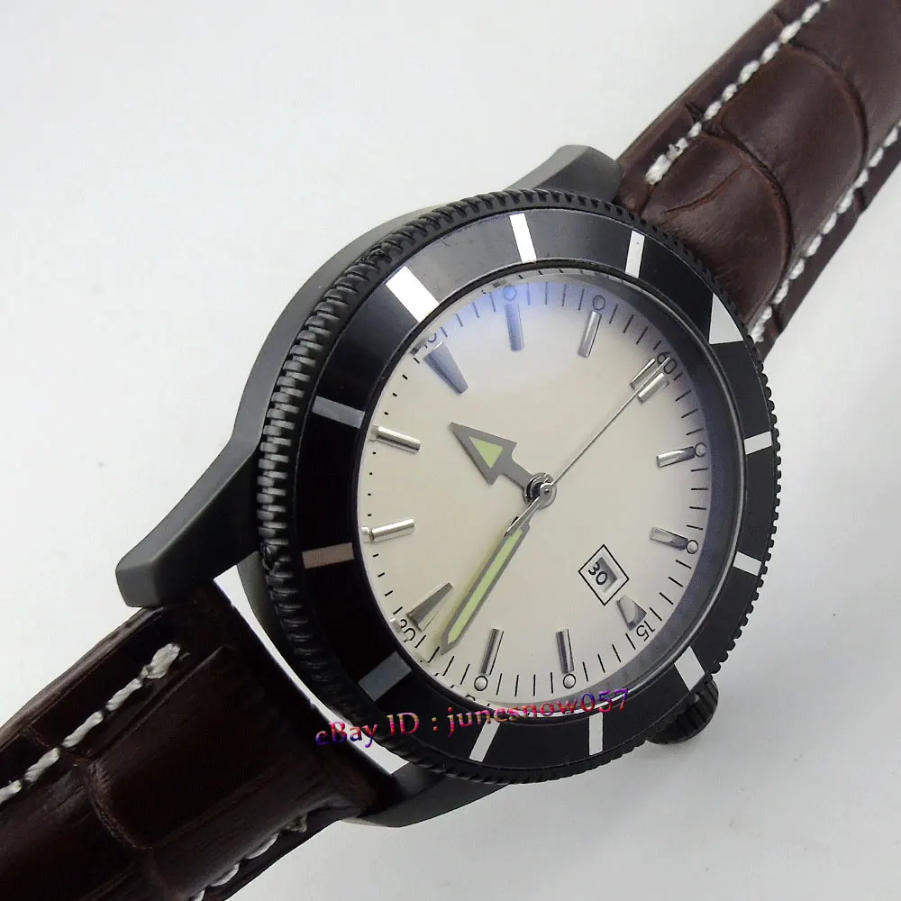 

Bliger 46mm white sterial dial date black bezel luminous black PVD case deployant clasp Automatic men's watch