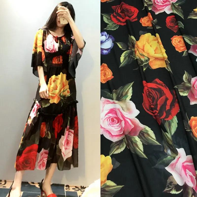 black big rose flower print chiffon fabric, soft chiffon thin fabric for dress, long beach dress chiffon clothing tissue
black big rose flower print chiffon fabric, soft chiffon thin fabric for dress, long beach dress chiffon clothing tissue