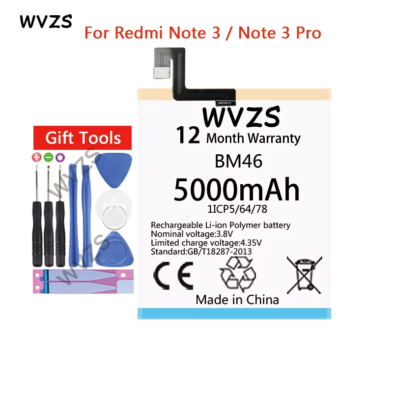 Wvzs 5000 мАч литий-полимерный сменный аккумулятор BM46 для Xiaomi Redmi Note 3/3 Pro батареи |