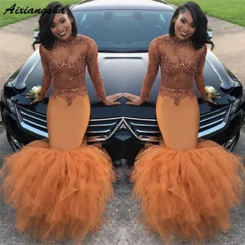 Dust Orange Long Sleeves Mermaid Prom Dresses Beads Appliques Sequins Long Ruched Ruffle Evening Gown robe de soiree
Dust Orange Long Sleeves Mermaid Prom Dresses Beads Appliques Sequins Long Ruched Ruffle Evening Gown robe de soiree