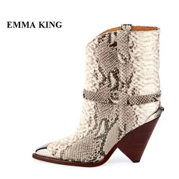 

2018 New Botines Runway Slip-on Metal Pointy Toe Spike Heels Boots Women Snake Print Python short Booties Women High Heels Shoes