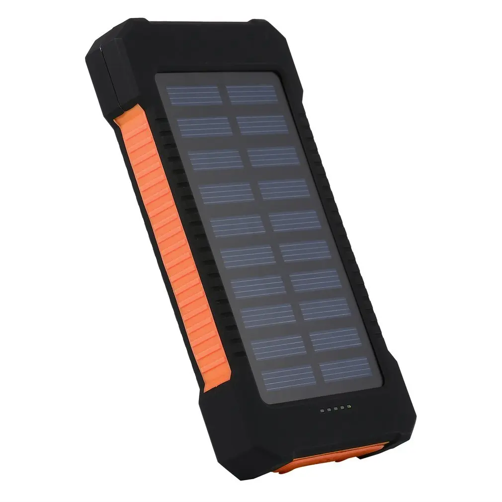 Image 15000mAh Large Capacity  Solar Power Bank Dual USB Compact Waterproof  LED Light External Battery Charger With Hook