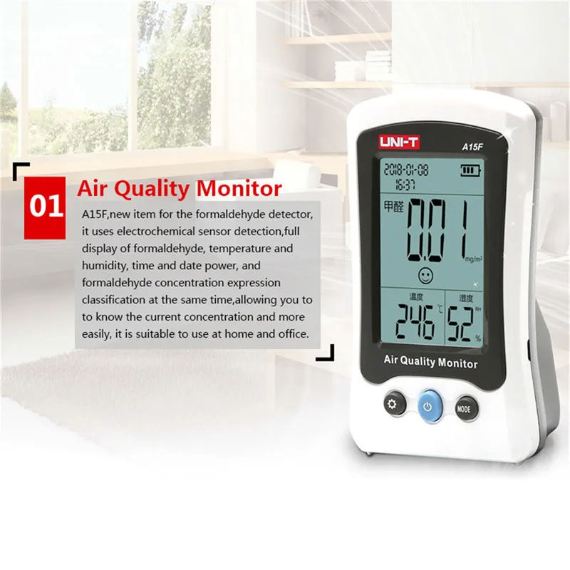 UNI-T A15F Air Quality Monitor Formaldehyde Detector Tester Meter Temperature Humidity Meter Rechargeable HCHO Gas Analyzer
UNI-T A15F Air Quality Monitor Formaldehyde Detector Tester Meter Temperature Humidity Meter Rechargeable HCHO Gas Analyzer