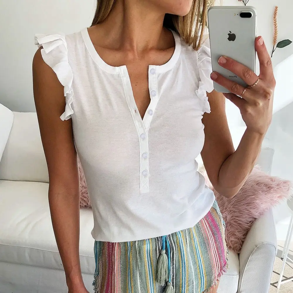 Summer Sexy White Ruffle T Shirt Korean Women Clothes Sleeveless Shirts Button V Neck Tshirt Off Shoulde Top Casual Streetwear
Summer Sexy White Ruffle T Shirt Korean Women Clothes Sleeveless Shirts Button V Neck Tshirt Off Shoulde Top Casual Streetwear