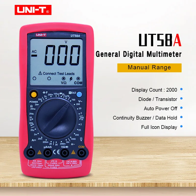 UNI-T UT58A Digital Multimeter 2000count AC DC voltmeter Ammeter Resistance Capacitance tester Data hold Diode continuity buzzer
UNI-T UT58A Digital Multimeter 2000count AC DC voltmeter Ammeter Resistance Capacitance tester Data hold Diode continuity buzzer
