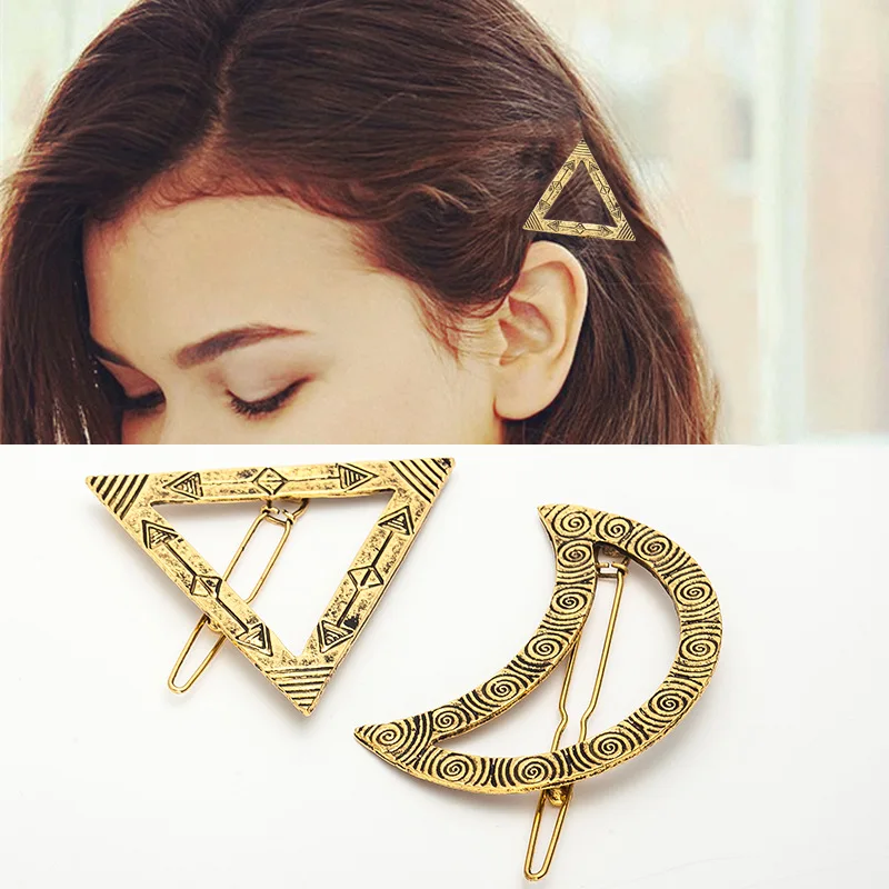 European and American fashion retro hairpin alloy triangle moon shape side clip top clip girl hair accessories
European and American fashion retro hairpin alloy triangle moon shape side clip top clip girl hair accessories