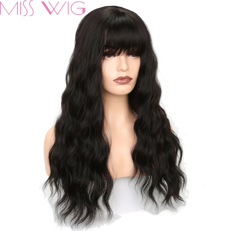 MISS WIG Long Wavy Wigs for Black Women African American Synthetic Grey Brown Wigs with Bangs Heat Resistant +