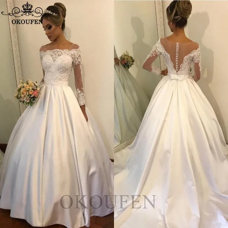 Chic Off Shoulder Long Sleeves Wedding Dress 2019 Lace Top and Satin Skirt Sheer Back Vestido De Noiva Bridal Dresses Gown
Chic Off Shoulder Long Sleeves Wedding Dress 2019 Lace Top and Satin Skirt Sheer Back Vestido De Noiva Bridal Dresses Gown