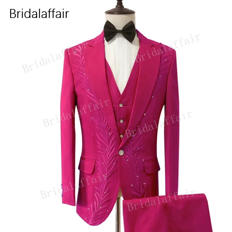 Wonderful Tailored Fuchsia Men Suit With Luxury Embroidery Wedding Tuxedos Groom Men's Prom Suits Set 3Pcs (Jacket+Pants+Vest) | Мужская
