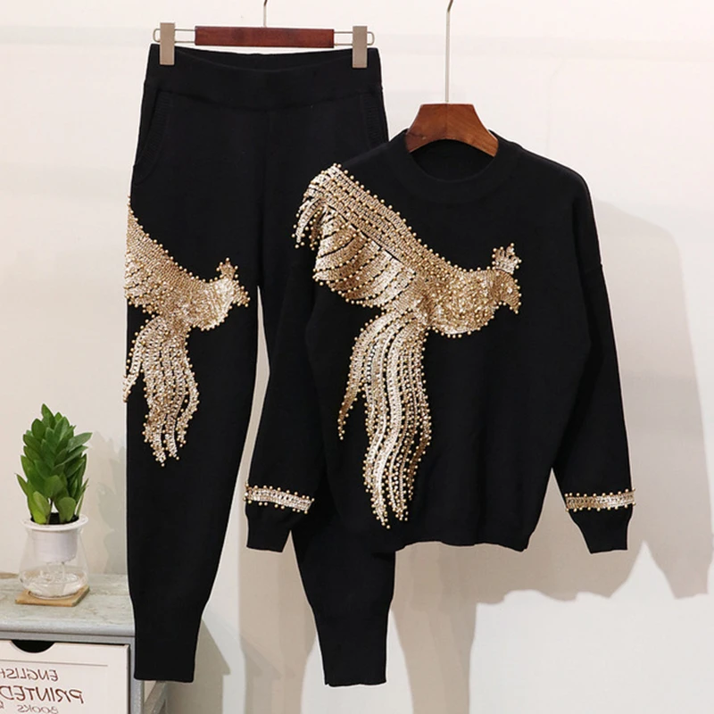 Women Winter Handmade Beading Sequined Pattern Long Sleeve Knitted Pullover Tops Trousers 2PCS Clothing Sets RE2478
Women Winter Handmade Beading Sequined Pattern Long Sleeve Knitted Pullover Tops Trousers 2PCS Clothing Sets RE2478