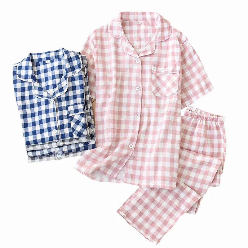 Men's And Women's Pajamas Set Spring New Gauze Cotton Plaid Lover's Sleepwear Simple Style Short Sleeve+Pant 2Piece Set Homewear
Men's And Women's Pajamas Set Spring New Gauze Cotton Plaid Lover's Sleepwear Simple Style Short Sleeve+Pant 2Piece Set Homewear