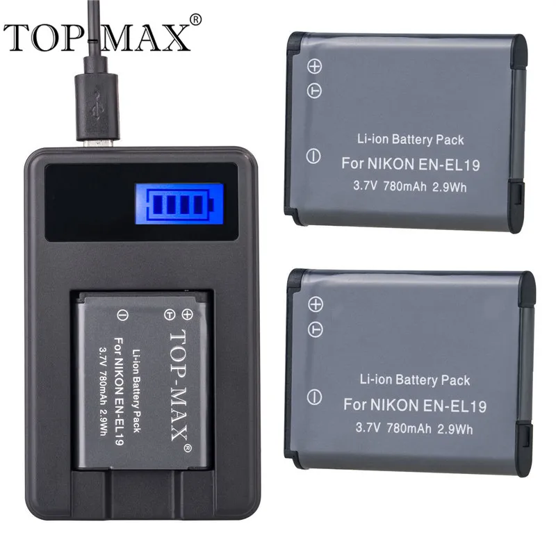 TOP-MAX 2PCS 3.7V 780mAh EN-EL19 Battery+USB Charger+USB Cable For Nikon Coolpix S100 S2500 S3500 S3600 S4300 S5200 S6800 S6900
TOP-MAX 2PCS 3.7V 780mAh EN-EL19 Battery+USB Charger+USB Cable For Nikon Coolpix S100 S2500 S3500 S3600 S4300 S5200 S6800 S6900