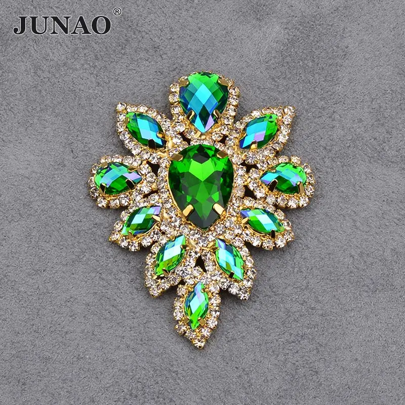 JUNAO 2 шт. 45*59 мм шитье зелеными кристаллами AB цветы стеклянные стразы платье