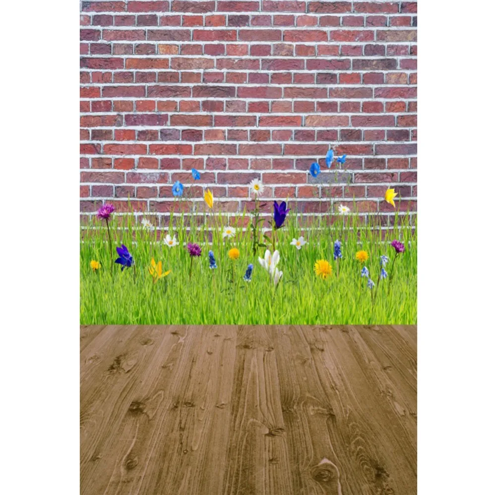 Laeacco Brick Wall Wooden Floor Spring Flowers Grass Baby Child Scenic Photo Backgrounds Photography Backdrops Studio | Электроника