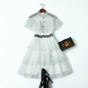New Summer French Stand Collar RufflesPlus Size Mesh Yellow White Polka Dot Printed Sleeveless Pespective Women Dress 
New Summer French Stand Collar RufflesPlus Size Mesh Yellow White Polka Dot Printed Sleeveless Pespective Women Dress