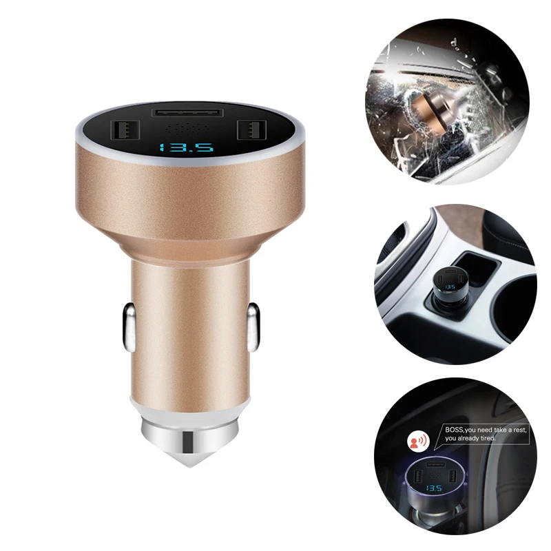 Image Car Cigarette Charger Triple USB Car Charger 3.1A Quick Charger LED Display Phone Charging Adapter with Emergency Escape Hammer