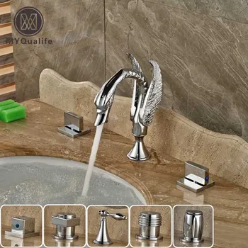 Polished Chrome Swan Style Widespread 3 Hole Basin Sink Faucet Dual Handle Deck Mount Lavatory Sink Mixer Tap
Polished Chrome Swan Style Widespread 3 Hole Basin Sink Faucet Dual Handle Deck Mount Lavatory Sink Mixer Tap