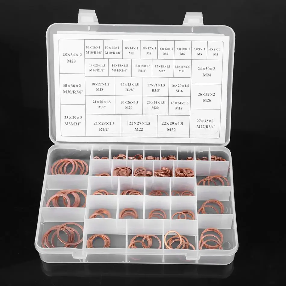 568Pcs/Set Copper Washer Gaskets Flat Ring Seal Set with Plastic Box Assortment Kit Sump Plug washers 30 Sizes Hot Sale
568Pcs/Set Copper Washer Gaskets Flat Ring Seal Set with Plastic Box Assortment Kit Sump Plug washers 30 Sizes Hot Sale