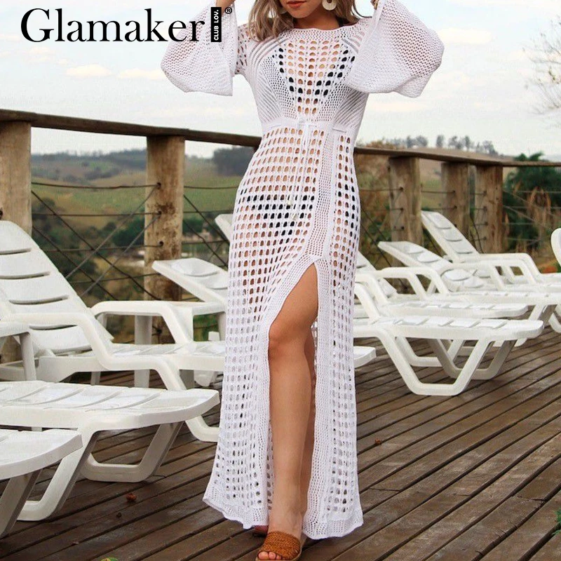 Glamaker Sexy crochet cover-ups split beach dress Women white sarong long sleeve maxi dress Female hollow out summer dress 2019
Glamaker Sexy crochet cover-ups split beach dress Women white sarong long sleeve maxi dress Female hollow out summer dress 2019
