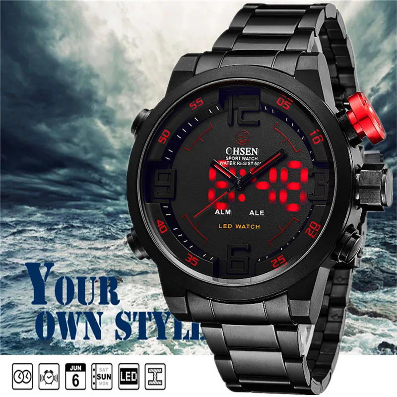 men luxury casual steel stainless big dial dual time red led sport watches man promotion business Multi-function army wristwatch | Наручные