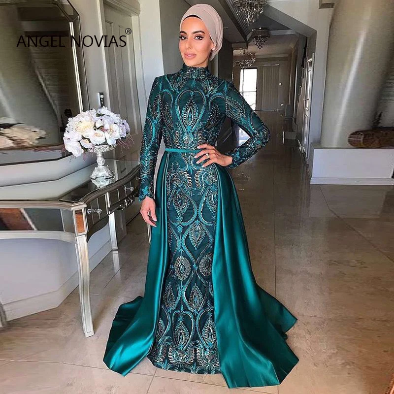 Long Sleeve Mermaid Muslim High Neck Green Lace Evening Dresses 2019 With Detachable Train Moroccan Kaftan Formal Party Gown
Long Sleeve Mermaid Muslim High Neck Green Lace Evening Dresses 2019 With Detachable Train Moroccan Kaftan Formal Party Gown