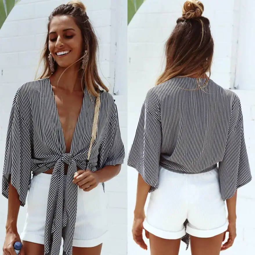 women shirt Striped Deep V Shirt Sleeve One-piece Fashion shirts Bat Sleeve Knot With No Print Short Women's clothing #6-7
women shirt Striped Deep V Shirt Sleeve One-piece Fashion shirts Bat Sleeve Knot With No Print Short Women's clothing #6-7