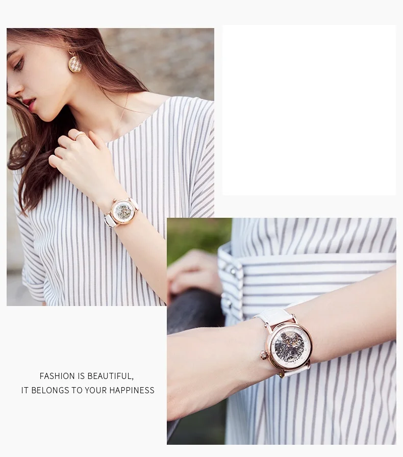 SEKARO Brand Women Mechanical Watches Diamond Ladies hand-winding Wristwatches Leather Fashion Skeleton Dial Gift for Female