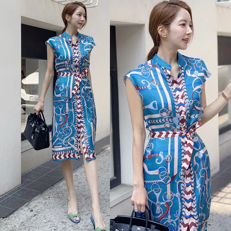 Chinese Style Summer Women elegant maxi single-breasted Dress tank Sleeveless Stand neck knee Dresses Vintage vestidos 2019 fes 
Chinese Style Summer Women elegant maxi single-breasted Dress tank Sleeveless Stand neck knee Dresses Vintage vestidos 2019 fes