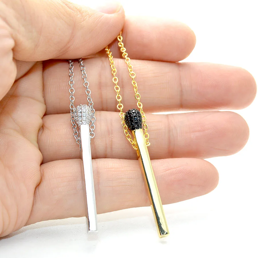 Gold Silver Matchstick Metal Pendants Black CZ Stone Setting Matches Stainless Steel Chain Necklace Fashion Women Jewelry
Gold Silver Matchstick Metal Pendants Black CZ Stone Setting Matches Stainless Steel Chain Necklace Fashion Women Jewelry