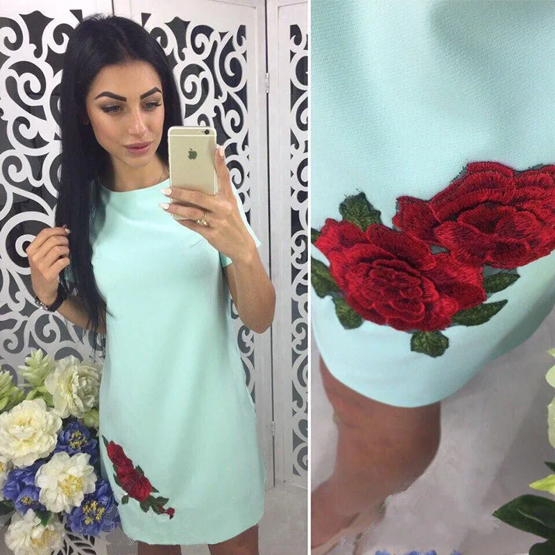 mint Rose Print Straight Dress Casual Casual Short Sleeve Dress.