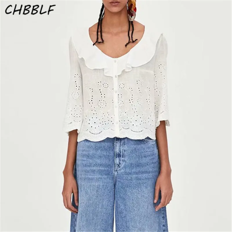 CHBBLF women sweet ruffled V neck blouse embroidery hollow out eyelet shirts ladies cute white tops blusas CDC8733
CHBBLF women sweet ruffled V neck blouse embroidery hollow out eyelet shirts ladies cute white tops blusas CDC8733