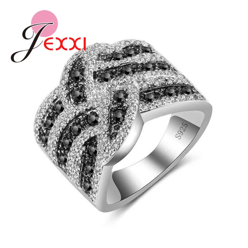 

Luxury 925 Sterling Silver Wedding Rings For Women Paved Black&Clear Cubic Zircons Crystal Fashion Party Bague Bijoux