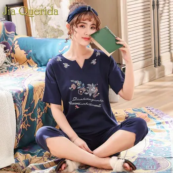 2019 Summer New Women Sleepwear Cotton Plus Size Pajamas Shorts Calf-Length Pants 2 Pcs Pj Set Chic Collar Floral Pijamas Suit
2019 Summer New Women Sleepwear Cotton Plus Size Pajamas Shorts Calf-Length Pants 2 Pcs Pj Set Chic Collar Floral Pijamas Suit