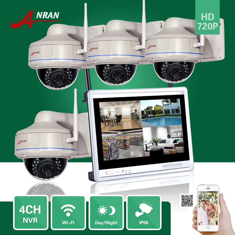 

ANRAN CCTV 4CH P2P 720P WIFI NVR 12'' LCD Monitor 30 IR Vandal-Proof Dome 1.0 MP IP Wireless Camera Surveillance Security System