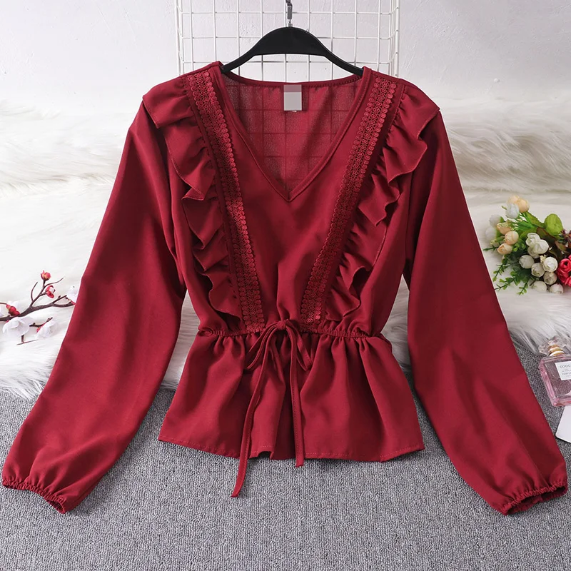 Drawstring Sash Ruffles Women Blouse V-Neck Lace Patchwork Vintage Blusa 2019 Spring Summer Solid Slim Fashion Tops Lady
Drawstring Sash Ruffles Women Blouse V-Neck Lace Patchwork Vintage Blusa 2019 Spring Summer Solid Slim Fashion Tops Lady