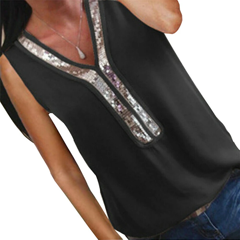 Women Summer Blouse Sequin Tops Chiffon Vest Tops Ladies V Neck Shirt Sleeveless Blouse Shirts Ladies Blouses Et Chemisier Femme
Women Summer Blouse Sequin Tops Chiffon Vest Tops Ladies V Neck Shirt Sleeveless Blouse Shirts Ladies Blouses Et Chemisier Femme