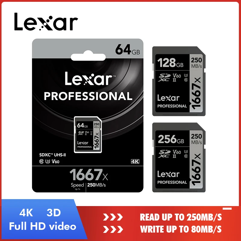 

Wholesale Original Lexar read 250MB/s 1667x SD Card 64GB 128GB 256GB SDXC UHS-II U3 Flash Memory Card For 3D 4K Digital Camera