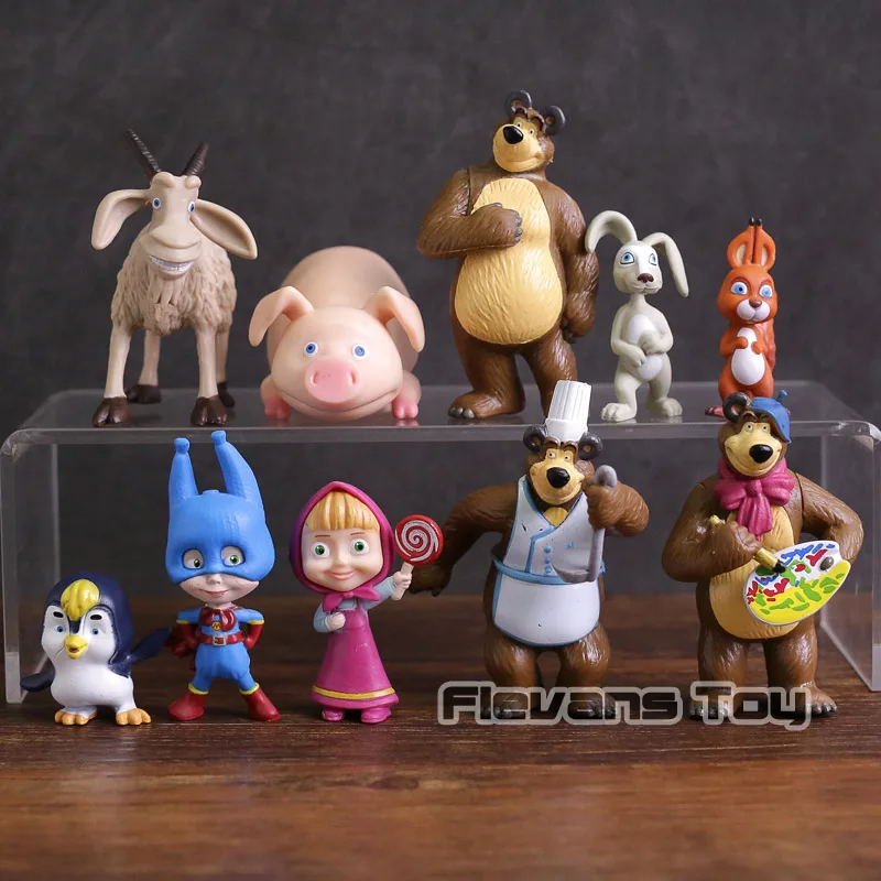 

Masha & Bear & Friends Rabbit Squirrel Penguin Goat Pig PVC Figures Toys 10pcs/set