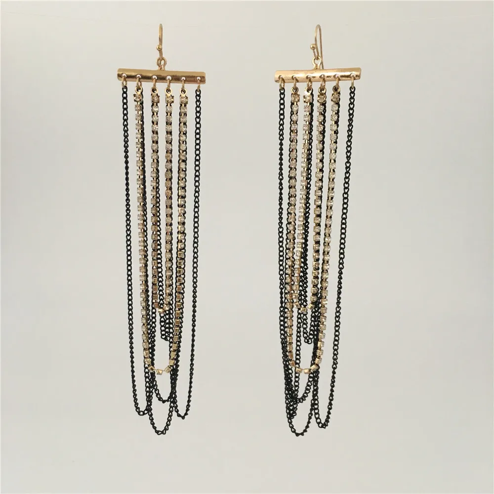 CASUAL GOLD COLOR PLATING BLACK CHAIN WITH SHINY STONE CHAIN TASSEL DROP EARRINGS FOR WOMEN GIRL