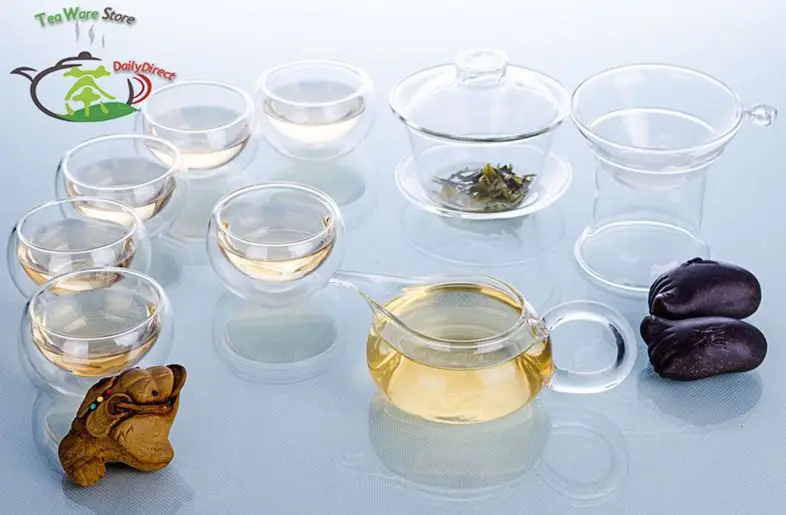 

1x 9in1 Kung fu Coffee Glass Tea Set-165ml Heat-Resisting Gaiwan Pot+Strainer+Olecranon Tea Pitcher Chahai +6 Double Wall Cups